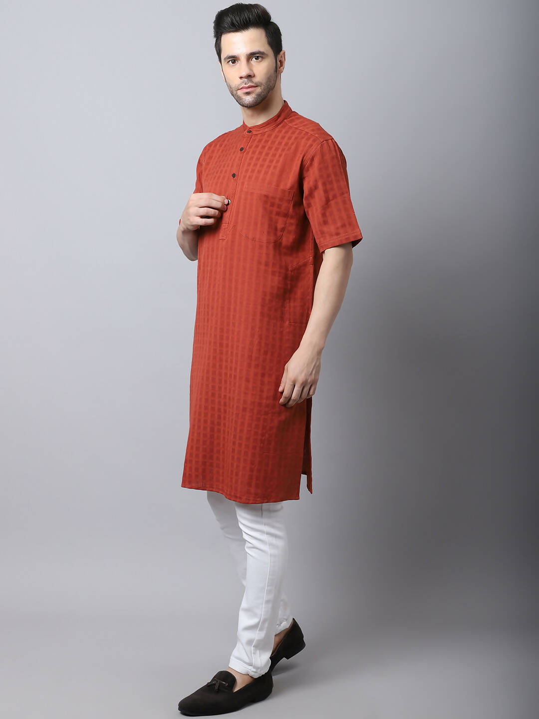 Even Apparels Red Pure Cotton Kurta With Band Collar | Swadesiicart