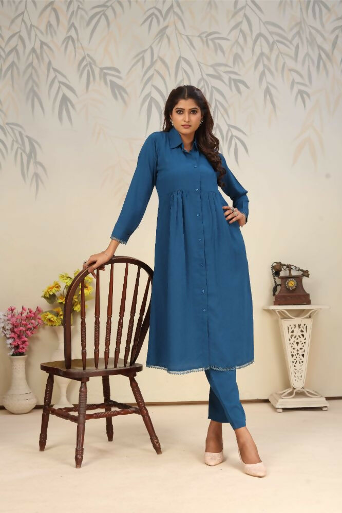 Jyoti Fashion Women's Blue Rinkal Cotton Plain with Side Pocket Kurtis & Sets | Swadesiicart