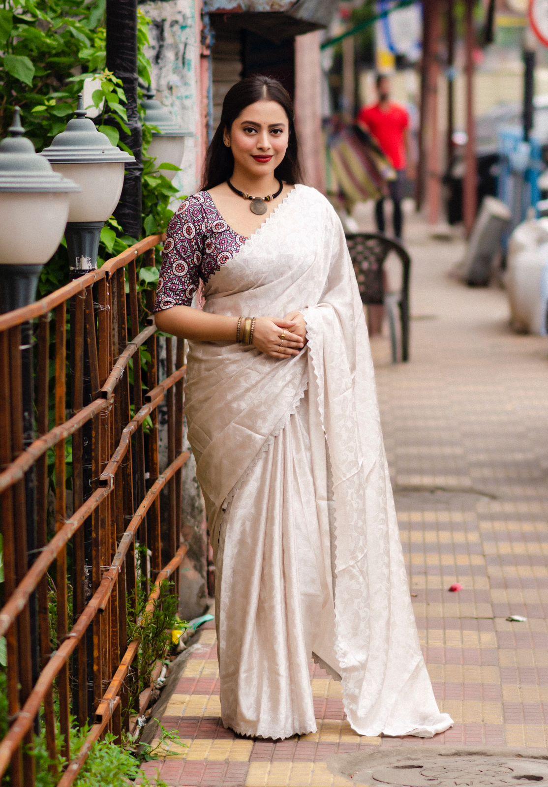 Grey Poly Silk Ethnic Motifs Saree with Unstitched Blouse - Hiral Fashion | Swadesiicart