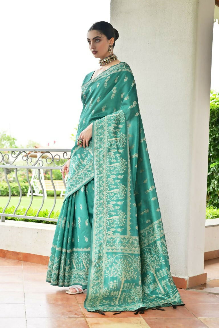 Vishnu Weaves Women's Rama Handloom Raw Silk Thread Weaving Saree with Blouse - Swadesiicart