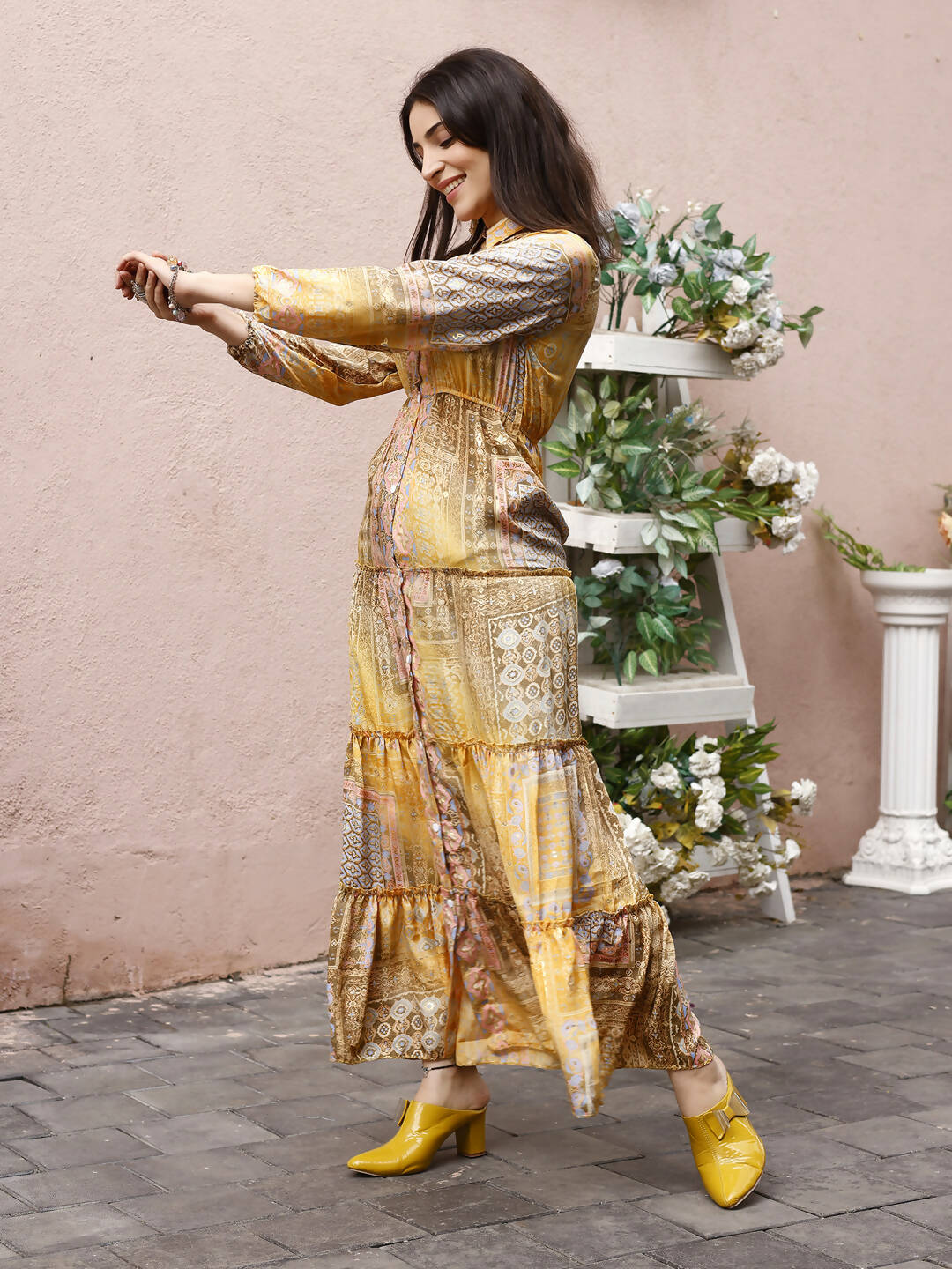 Mustard Crepe Foil Printed Long Dress - Michan | Swadesiicart
