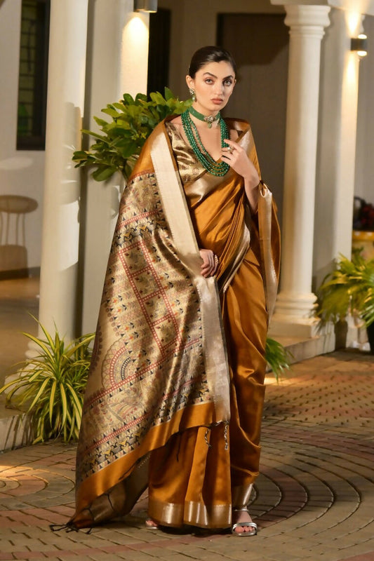 Vishnu Weaves Women's Yellow Soft Tussar Silk Printed Saree with Blouse - Swadesiicart