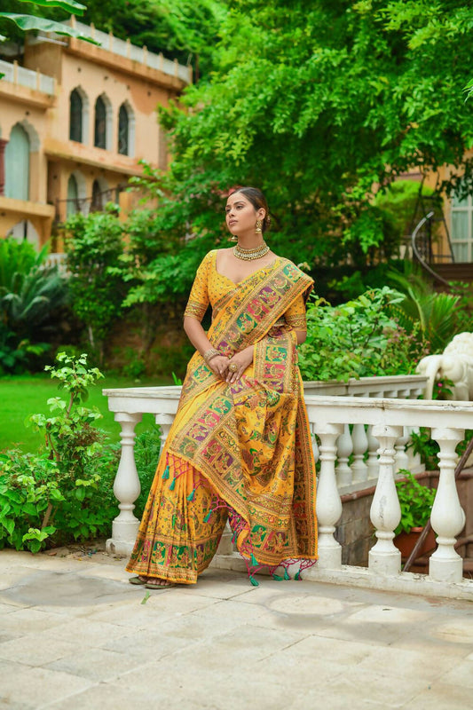 Vishnu Weaves Women's Yellow Banarasi Silk Kashmiri Woven Saree with Blouse - Swadesiicart