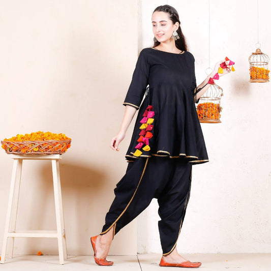 Cheera Black Dhoti Peplum Top Set With Multicolour Tassels (CH125KD) - Swadesiicart
