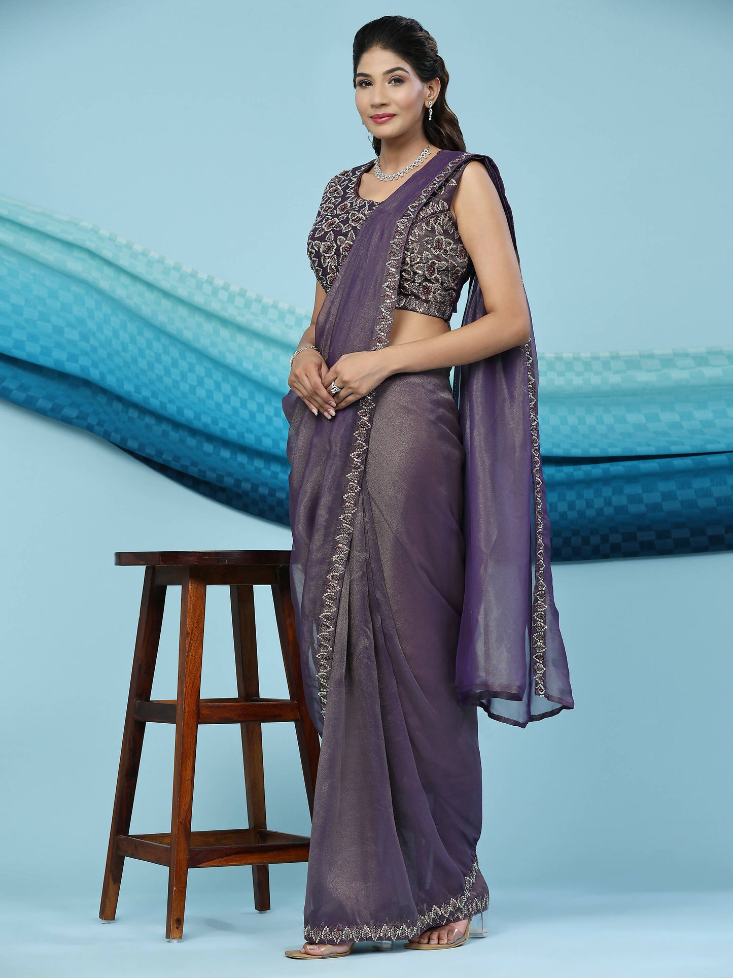 Purple Lycra Shimmer Pattern Ready to Wear Saree with stitched Blouse - Nirvana | Swadesiicart