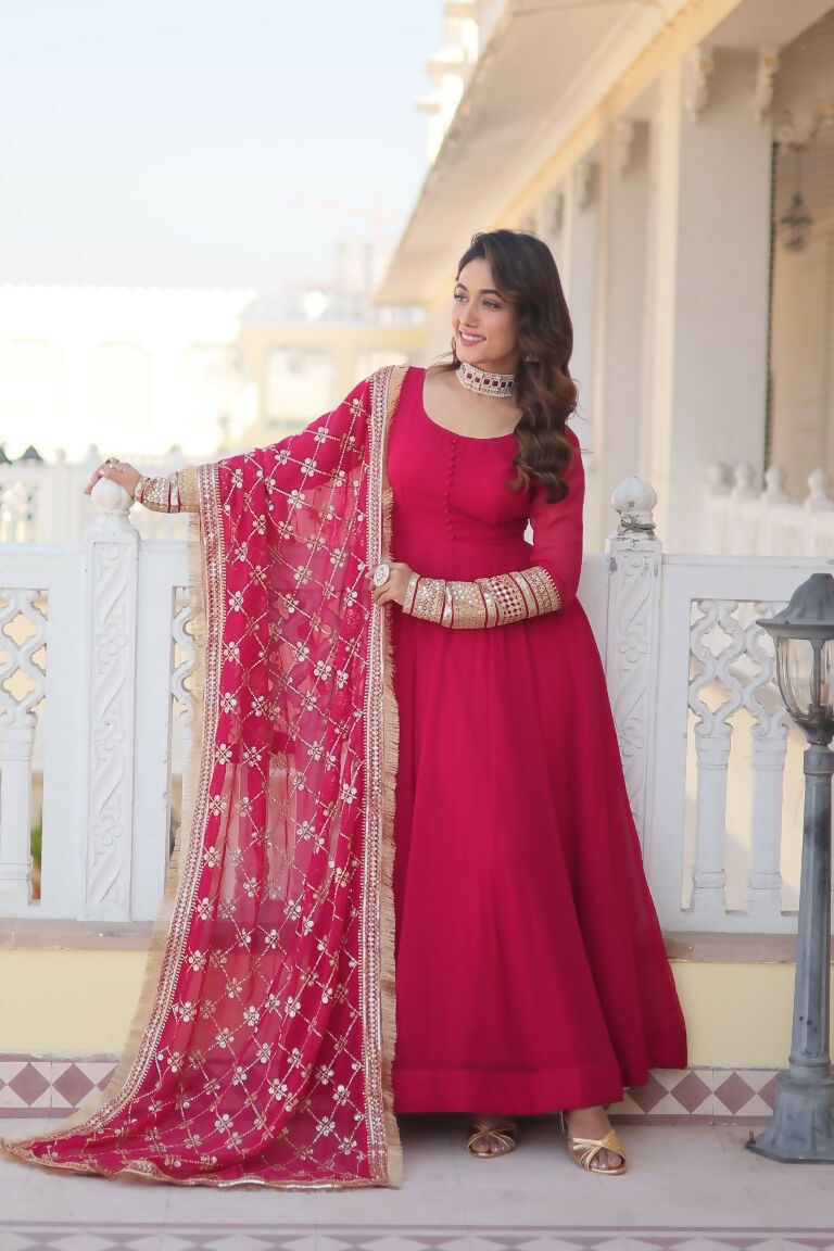 Jyoti Fashion Women's Rani Pink Faux Blooming Sequins Zari Embroidered Anarkali Dress with Dupatta | Swadesiicart