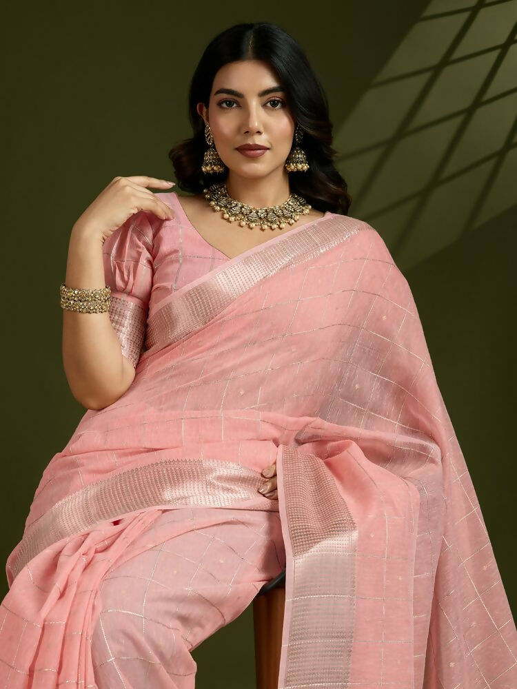 Vishnu Weaves Women's Peach Soft Silk Zari Woven Saree with Blouse - Swadesiicart