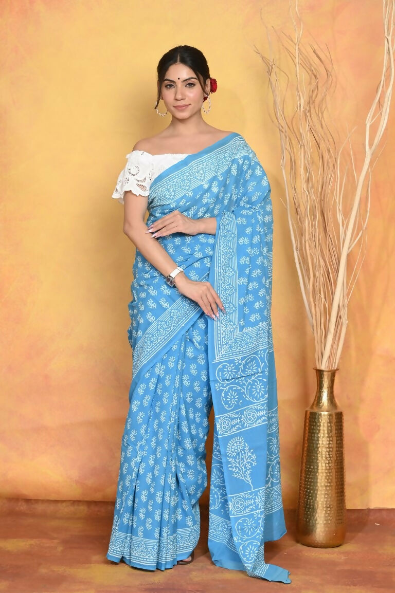 Very Much Indian Handblock Printed Cotton Saree With Natural Dyes - Sky Blue | Swadesiicart