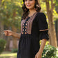 Juniper Women's Black Cotton Solid With Embroidered Straight Tunic | Swadesiicart