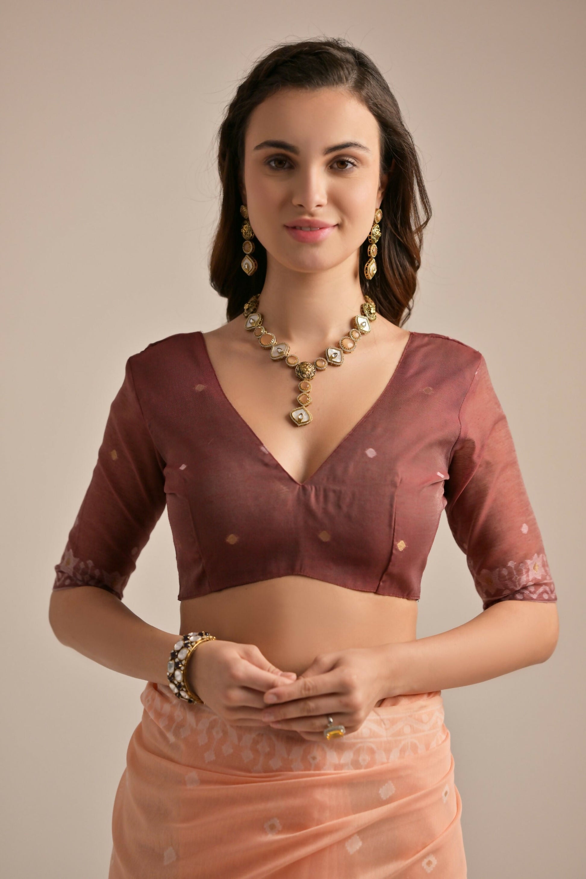 Vishnu Weaves Women's Peach Muga Cotton Woven Saree with Blouse - Swadesiicart