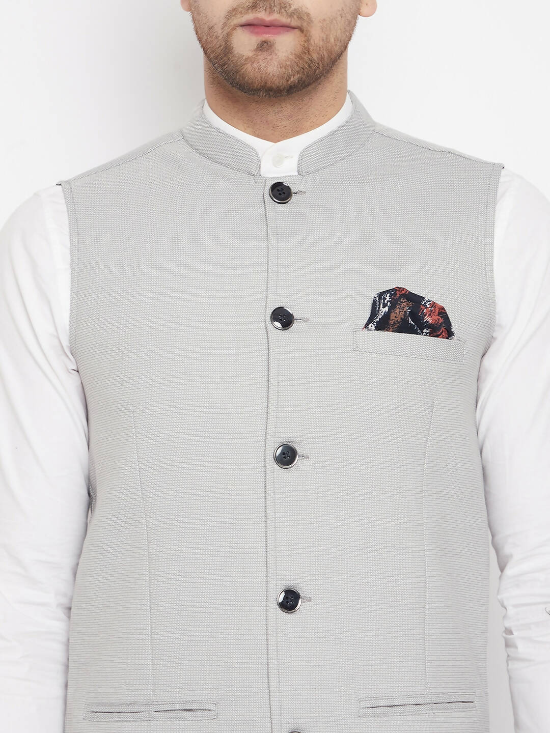 Even Apparels Grey Merino Men's Nehru Jacket-Contrast Lining-Free Pocket Square | Swadesiicart