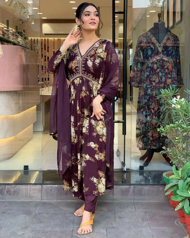 Ethnic Festive Wear Georgette Purple Stitched Suit With Dupatta - Tanisha | Swadesiicart