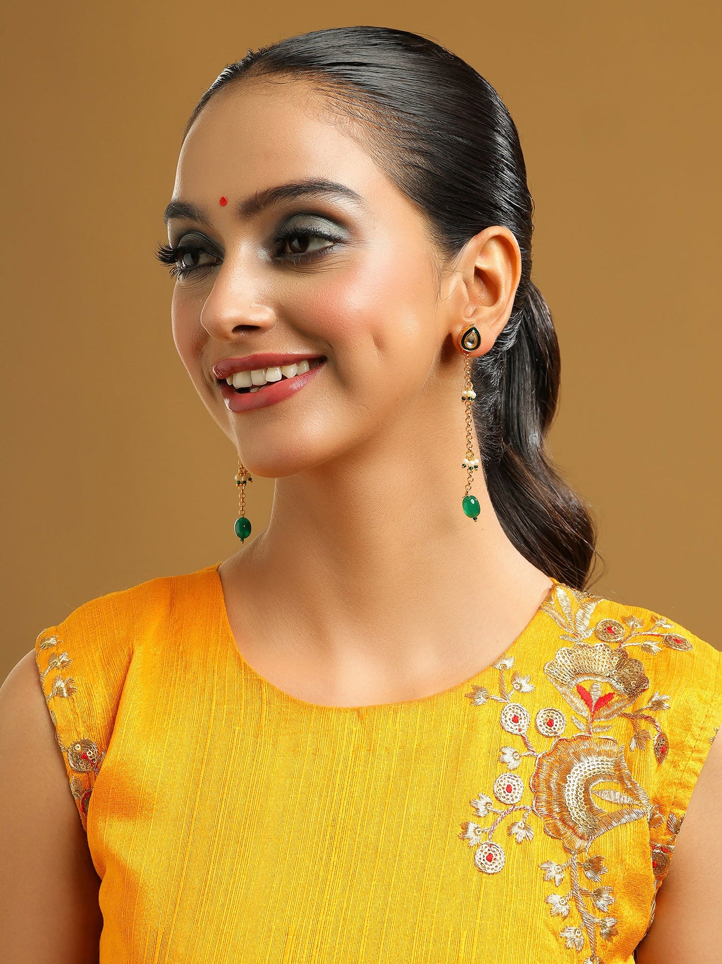 Ruby Raang Green Long Kundan Dangler Earrings | Swadesiicart