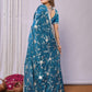 Blue Pure Satin Embroidered Saree With Stitched Blouse - Nimaya Kaksha