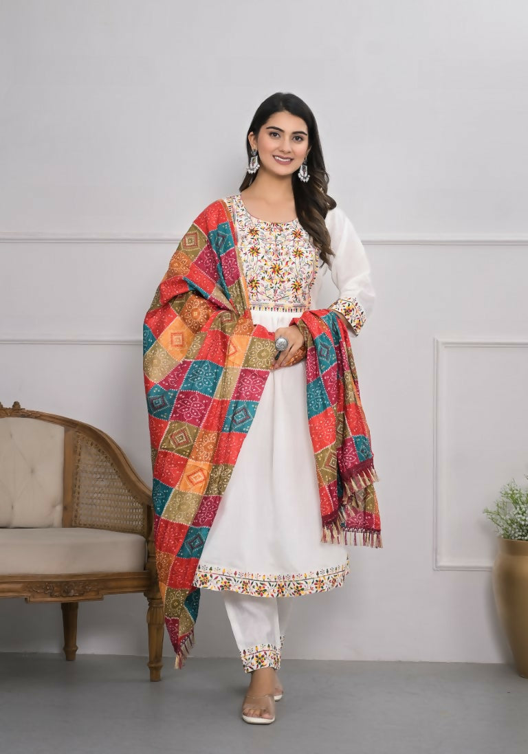 White Viscose Silk Embroidery with Thread and sequence Stitched Suit With Dupatta - Tanisha | Swadesiicart