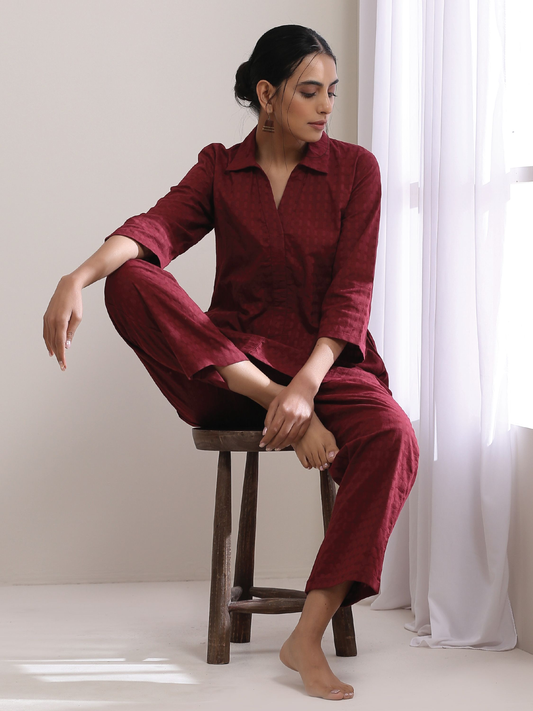 trueBrowns Ruby Wine Dobby Collar Short Co-Ord Set - Swadesiicart
