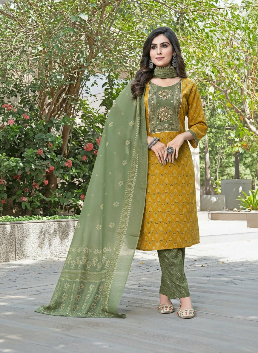 BulBul Aaliya Warm Mustard Cotton Kurta Set with Dupatta - Swadesiicart