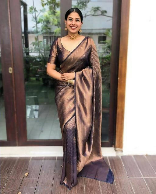 DEIANA'S Beautiful Designer Golden zari Soft Lichi Silk Saree - Navy Blue - Swadesiicart