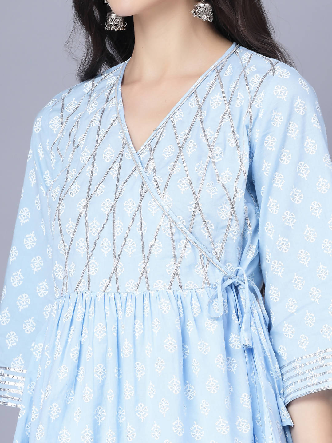 Myshka Cotton Printed 3/4 Sleeve V Neck Turquoise Blue Women Sharara Set | Swadesiicart