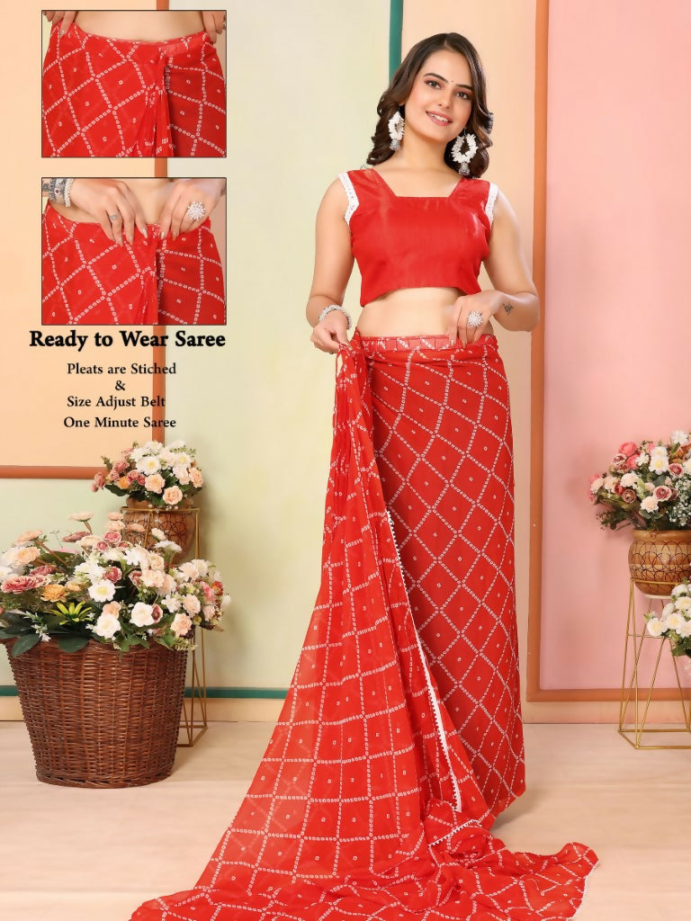 Red Georgette Designer Printed Ready To Wear Saree - Elite | Swadesiicart