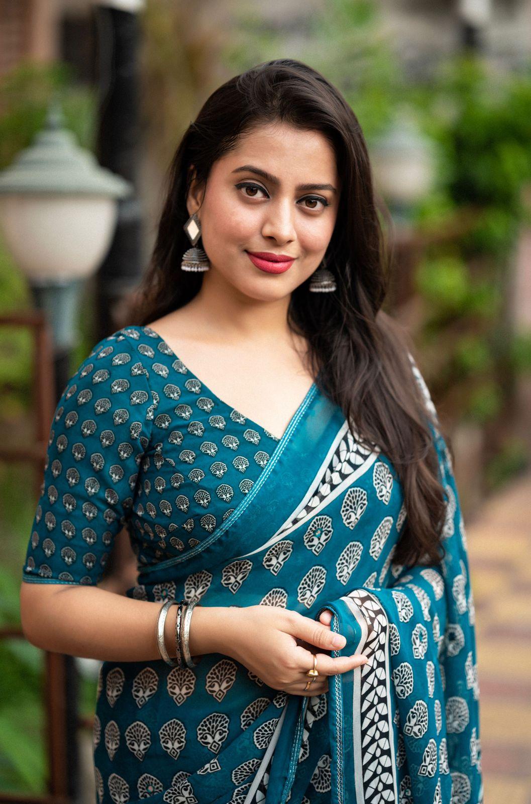 Rama Poly Georgette Ajrak Saree with Unstitched Blouse - Hiral Fashion | Swadesiicart