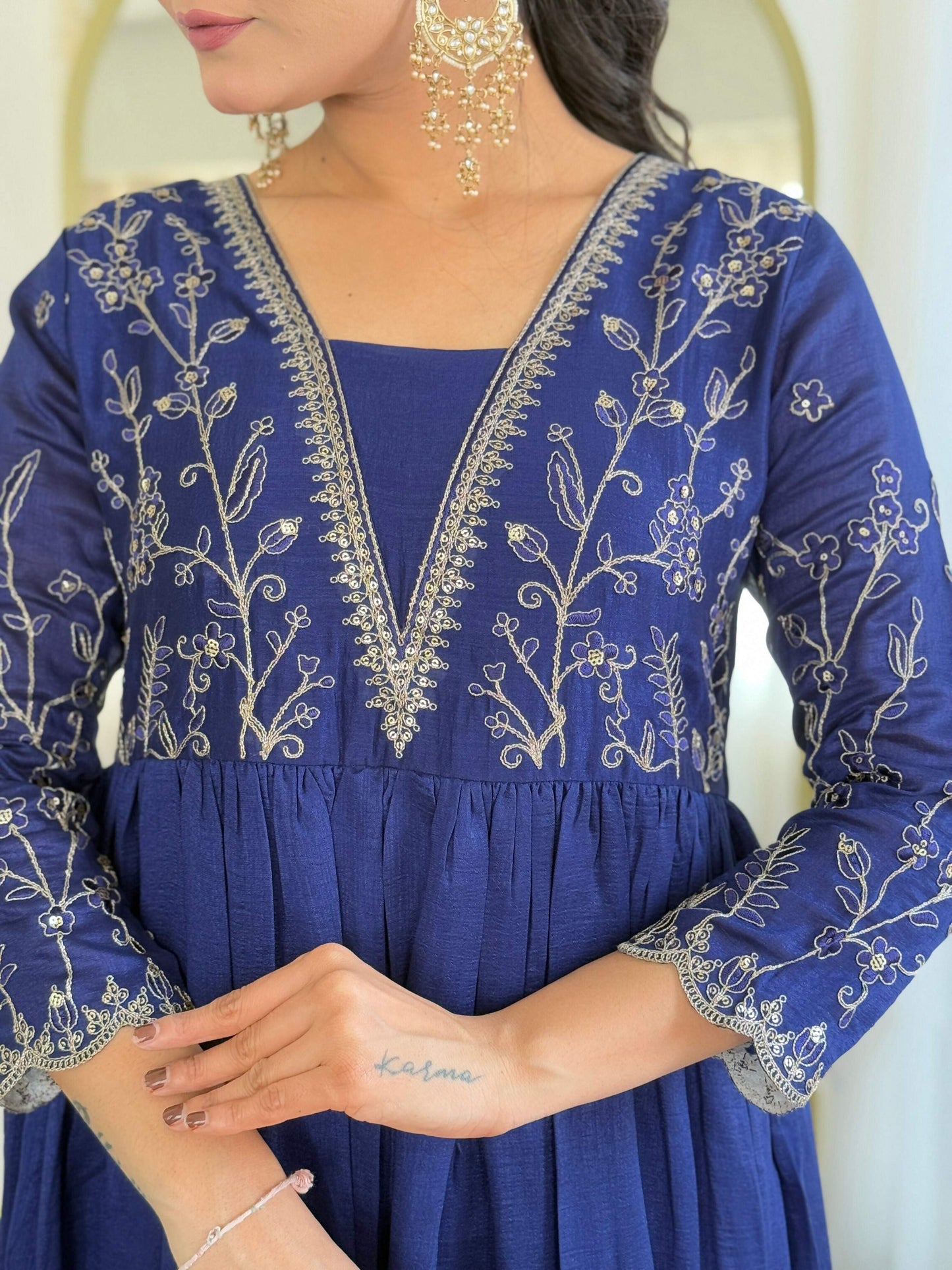The52 Blue Women's Beautiful Embroidered Vichitra Silk Fabric with Flared Kurta, Pant and Dupatta Set - Swadesiicart