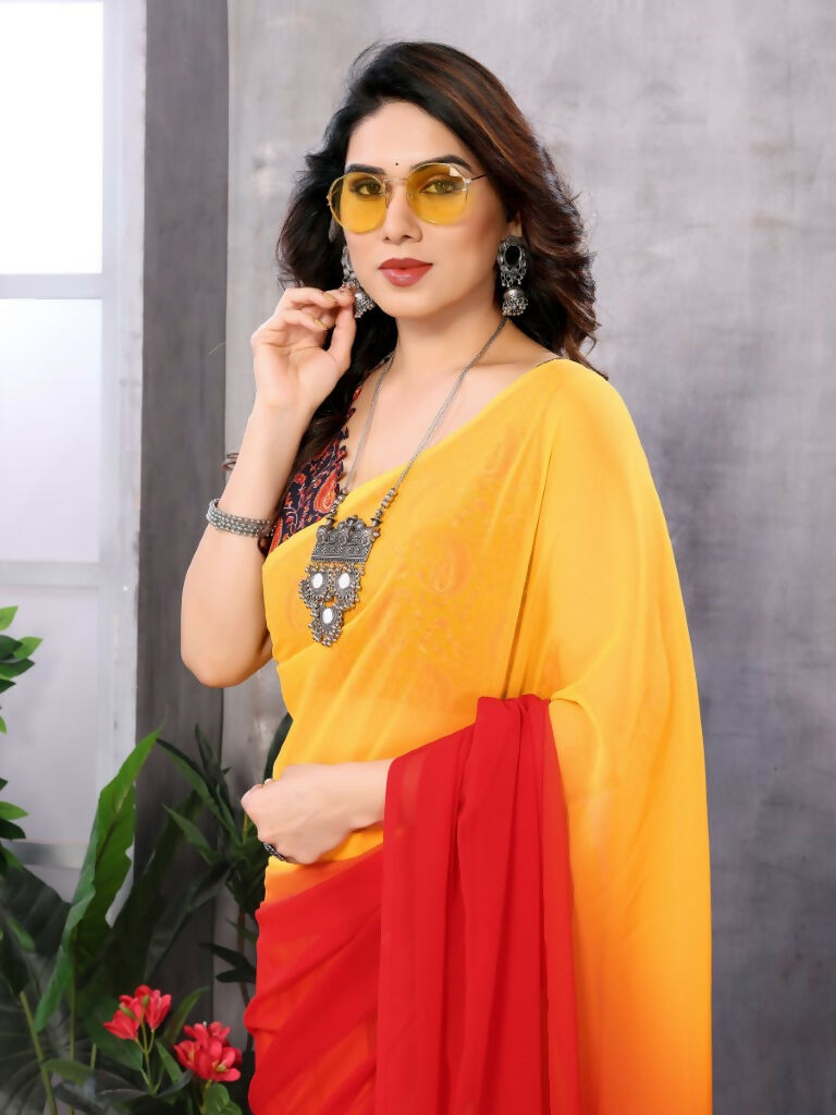 Partywear Designer Yellow & Red Georgette Fancy Saree - Satrangi | Swadesiicart