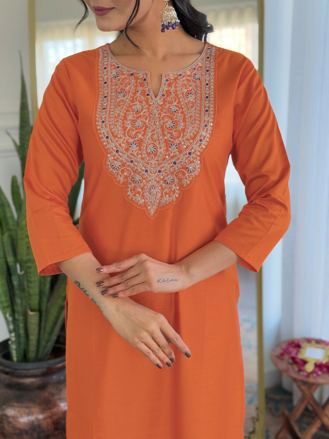 The52 Orange Women's Gorgeous Embroidered Rayon Fabric with Straight Kurta, Pant and Dupatta Set - Swadesiicart