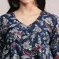 Aavyora Women's Navy Blue Cotton Tunic with Red and White Floral Print, Pin-Tuck Detailing, and Flared Sleeves