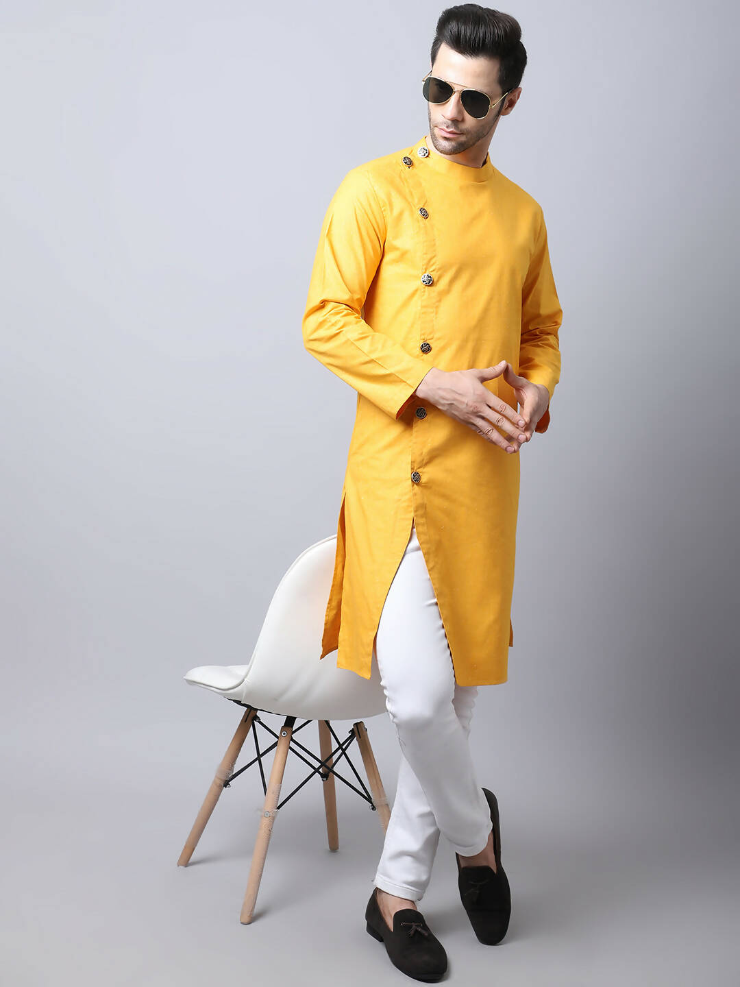 Even Apparels Yellow Pure Cotton Sherwani Kurta With Asymetrical Cut | Swadesiicart