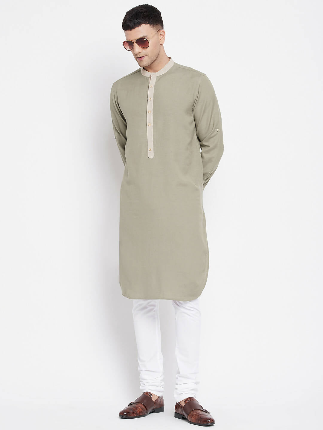 Even Apparels Green Pure Cotton Men's Kurta With Contrast Collar And Placket | Swadesiicart