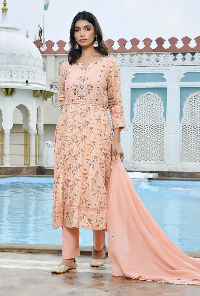 Vaasva Women's Peach Cotton Anarkali Set With Solid Pant And Embroidered Dupatta | Swadesiicart