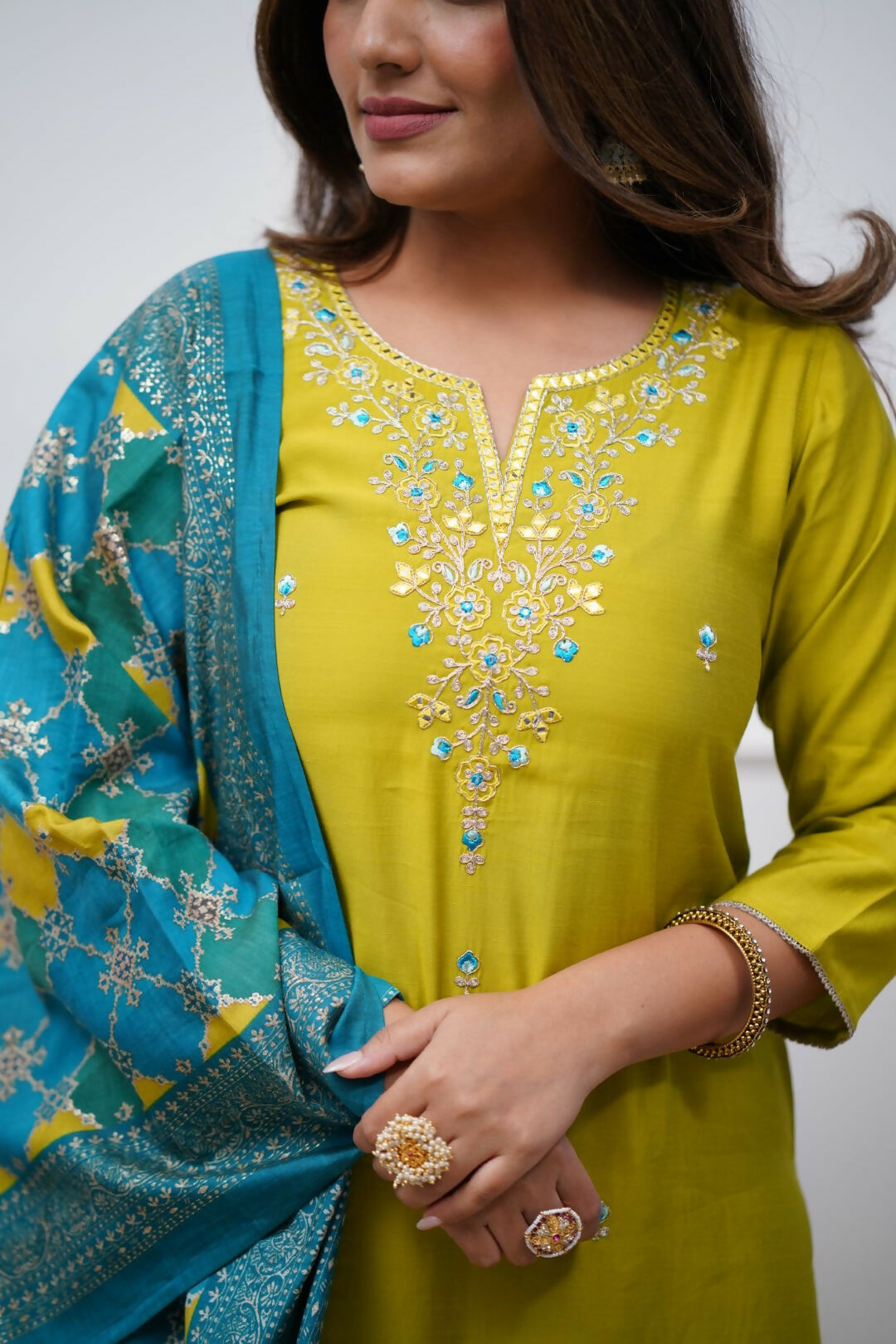 The52 Lemon Beautiful Embroidered Viscose Chanderi Fabric Straight Kurta Pant with Dupatta Set - Swadesiicart