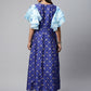 Ahalyaa Women Royal Blue Poly Silk Gold Paste Printed Dress | Swadesiicart