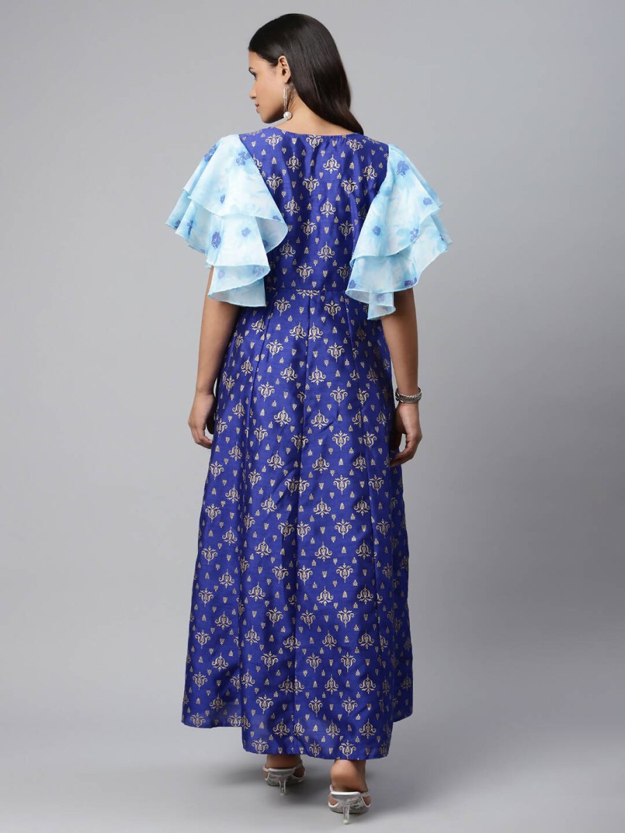 Ahalyaa Women Royal Blue Poly Silk Gold Paste Printed Dress | Swadesiicart