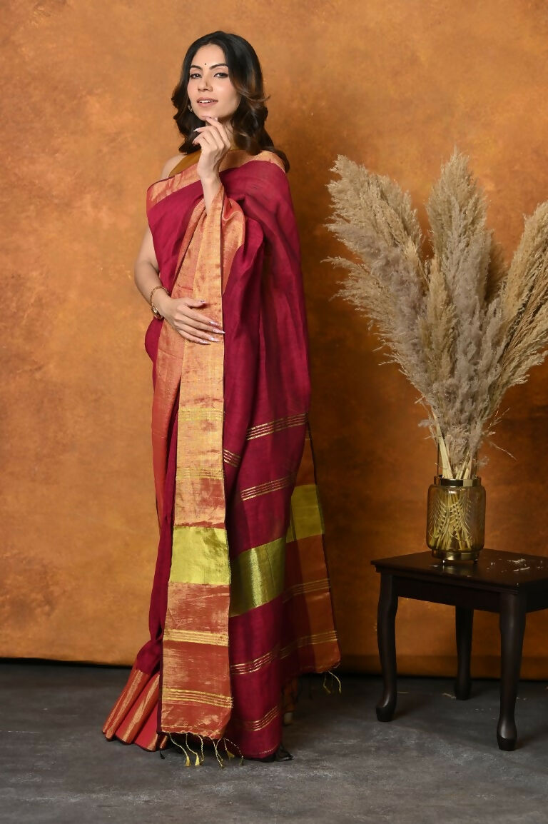 Very Much Indian Handloom Pure Cotton Linen Saree With Golden Border - Maroon | Swadesiicart