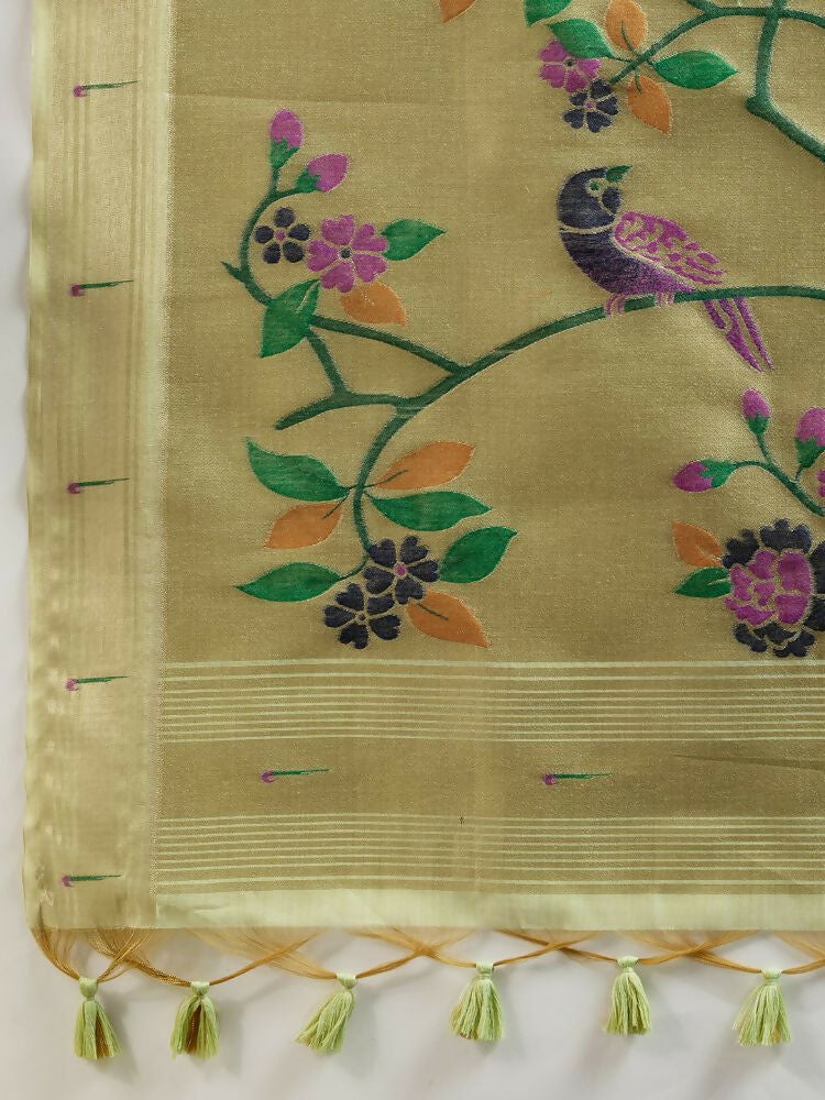 Vishnu Weaves Women's Pista Muga Cotton Thread Woven Butti with Blouse - Swadesiicart