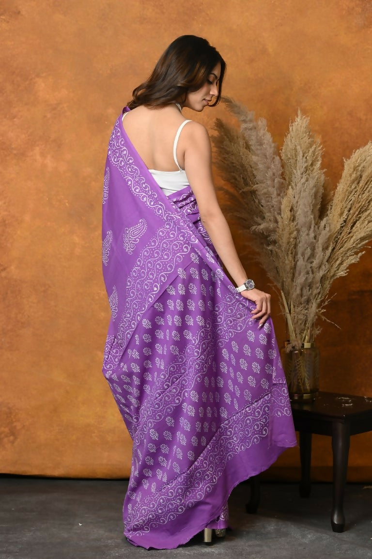 Very Much Indian Handblock Printed Cotton Saree With Natural Dyes - Purple | Swadesiicart