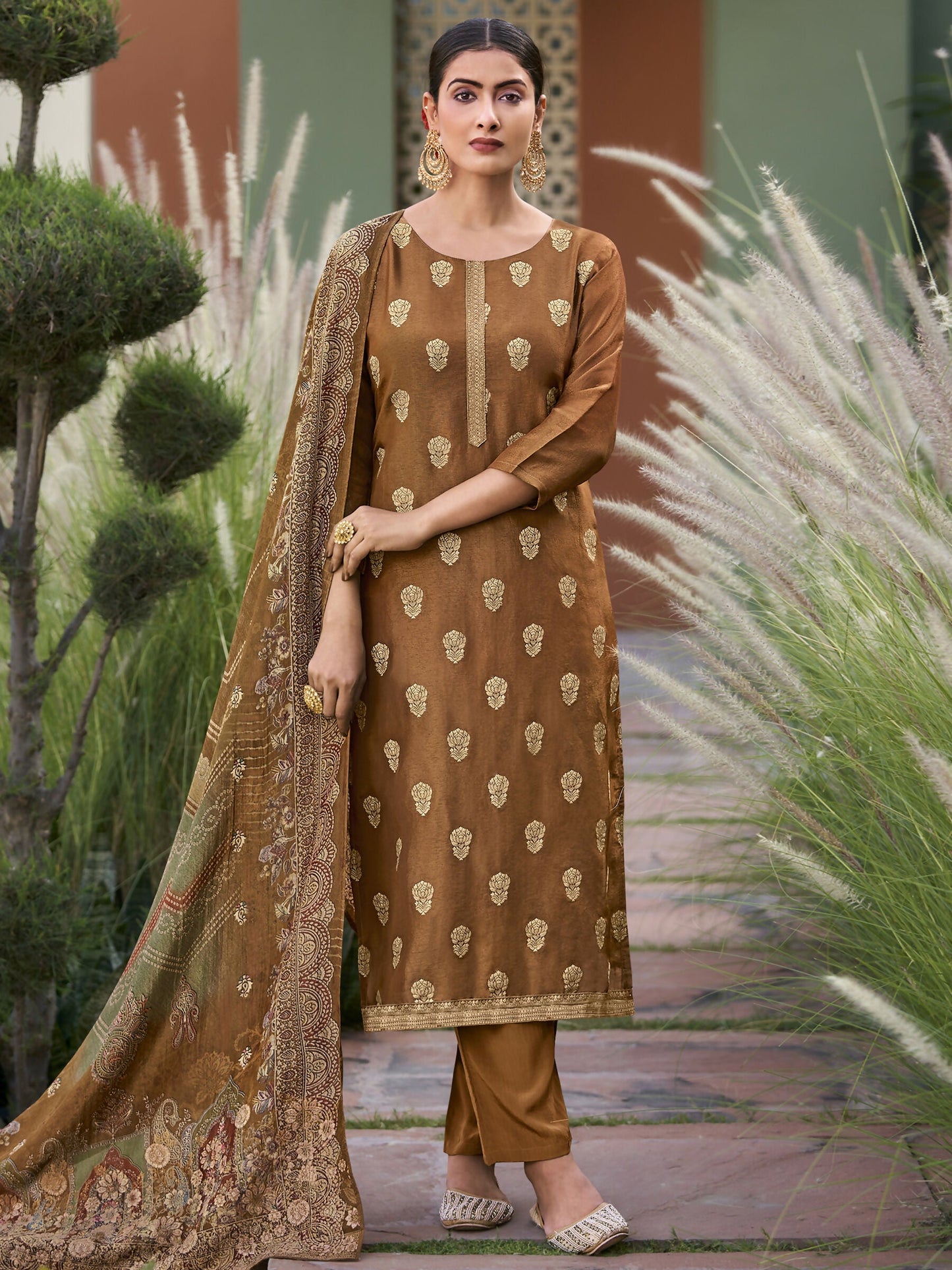 Jyoti Fashion Women's Brown Pure Silk Elegant Jacquard Woven Kurta with Trouser & Dupatta | Swadesiicart