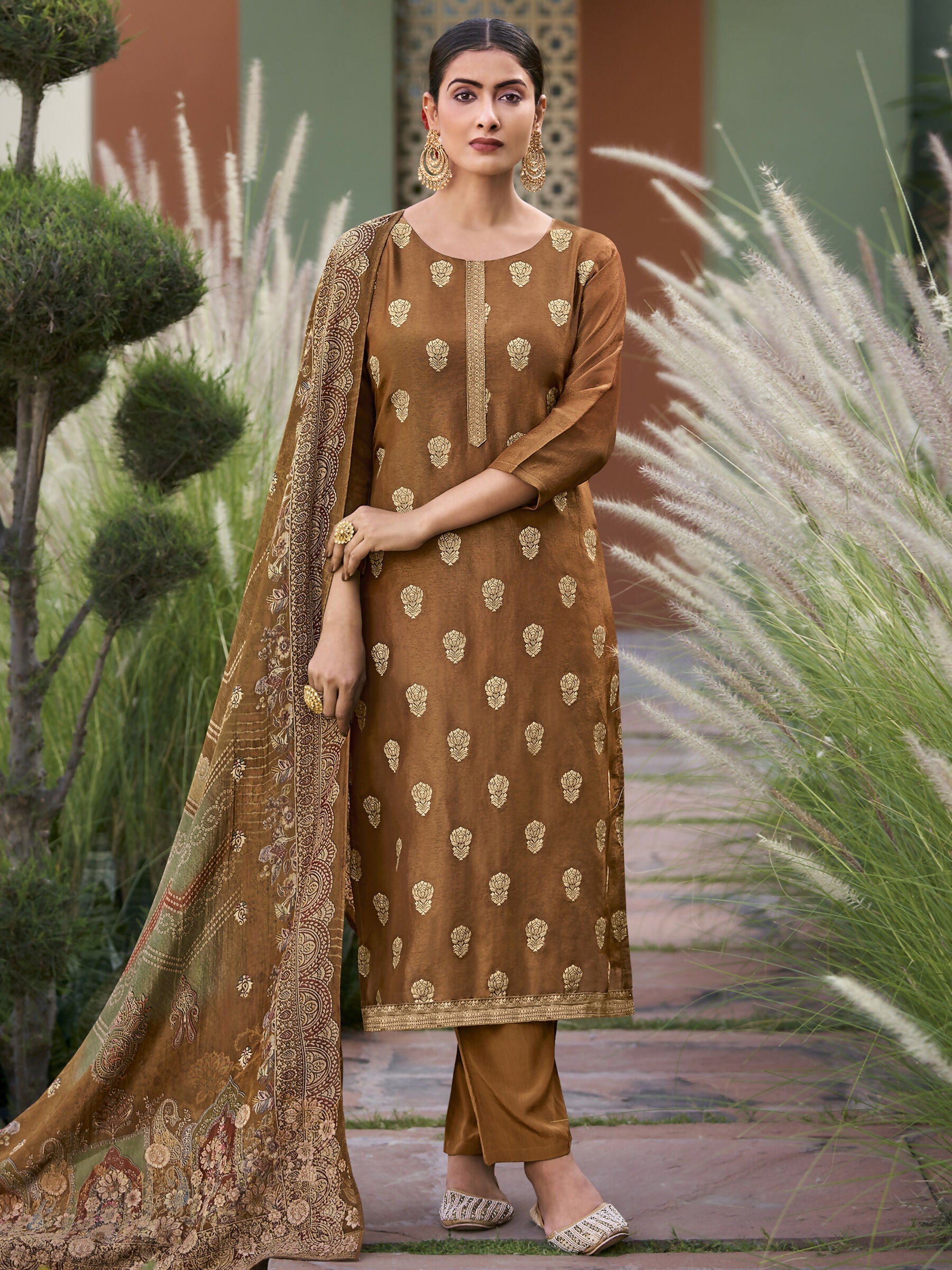 Jyoti Fashion Women's Brown Pure Silk Elegant Jacquard Woven Kurta with Trouser & Dupatta | Swadesiicart