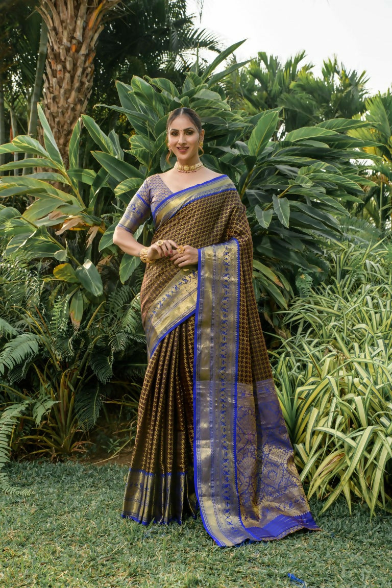 Jyoti Fashion Women's Coffee Kanjivaram Silk Zari Woven Saree with Blouse | Swadesiicart