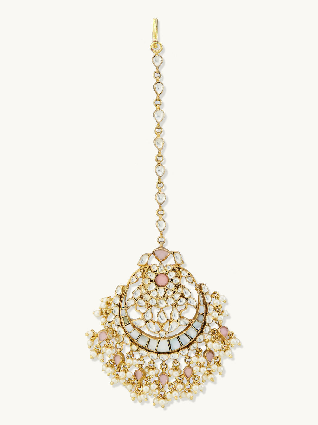 Nuyug 22K Gold-Plated Pearls & Pink Kundan Studded Statement Maang Tikka Head Jewellery | Swadesiicart