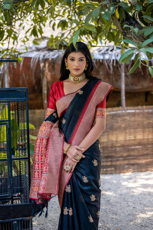 Vishnu Weaves Women's Black Tussar Silk Zari Woven Saree with Blouse - Swadesiicart