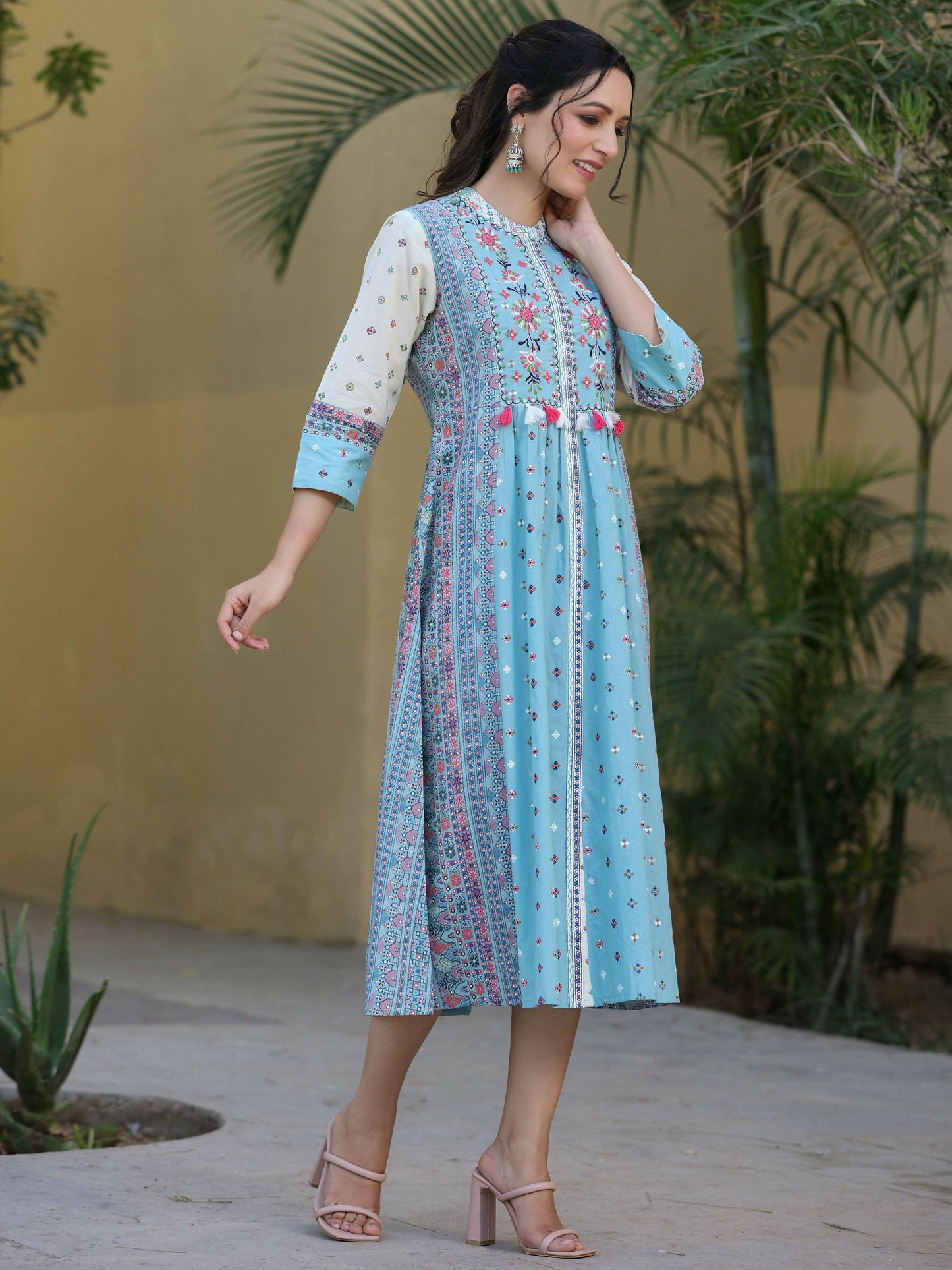 Juniper Women's Skyblue Cambric Printed Flared Dress | Swadesiicart