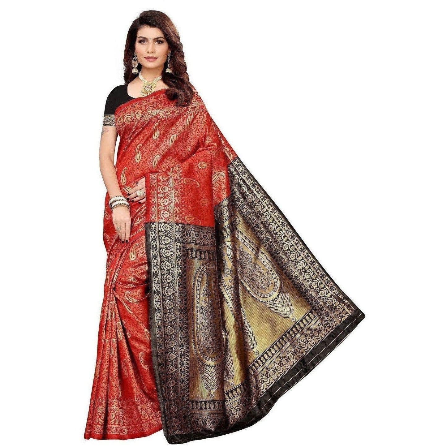 Vamika Banarasi Jaquard Red Weaving Saree (BANARASI 03) | Swadesiicart