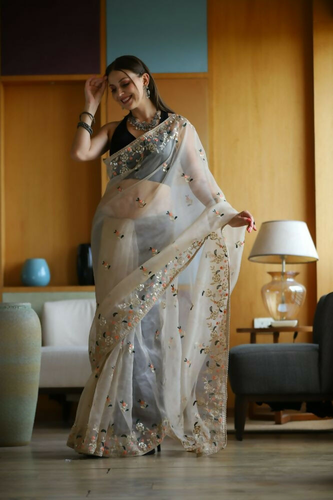 Vamsee Avantika Beige Organza Saree - Swadesiicart