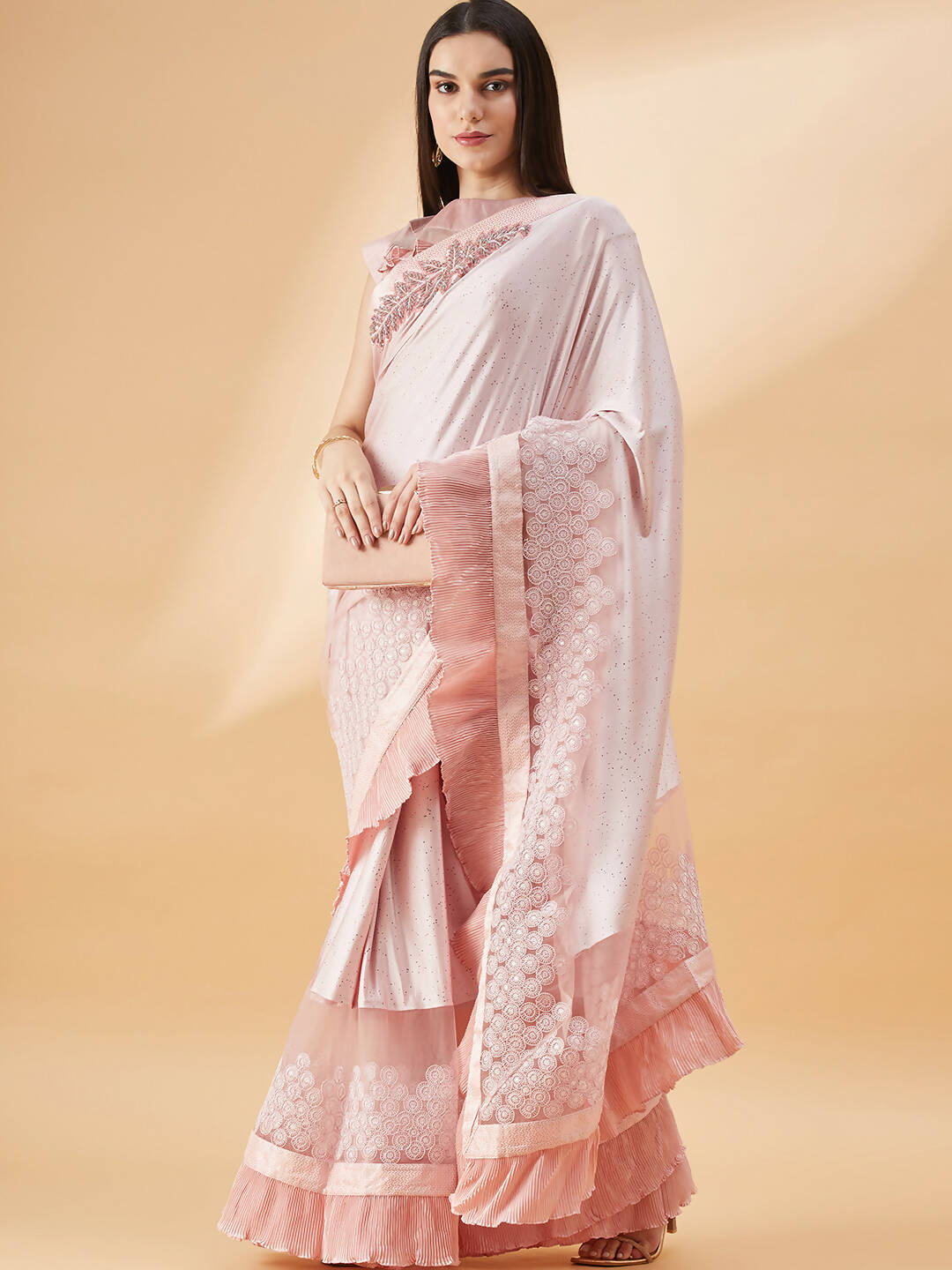 Pink Lycra Frill Details, Hand Embroidered Brooch Saree - Norita Hit Design - Swadesiicart