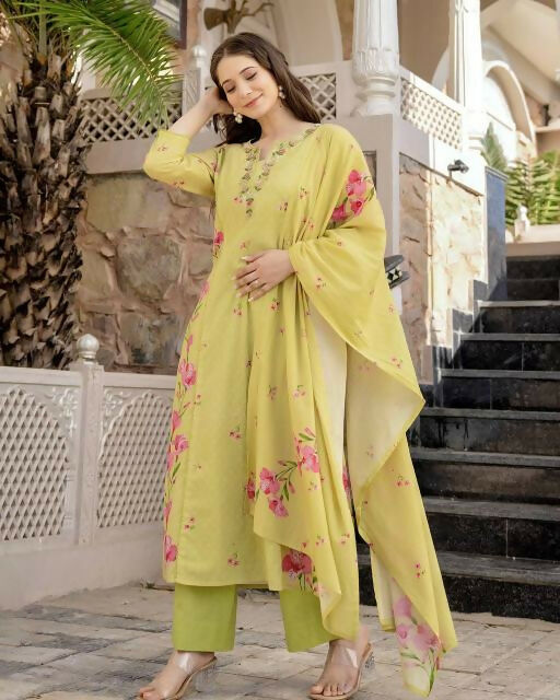 The52 Lemons Women's Beautiful Chanderi Fabric Printed Work Straight Kurta Pant and Dupatta Set - Swadesiicart