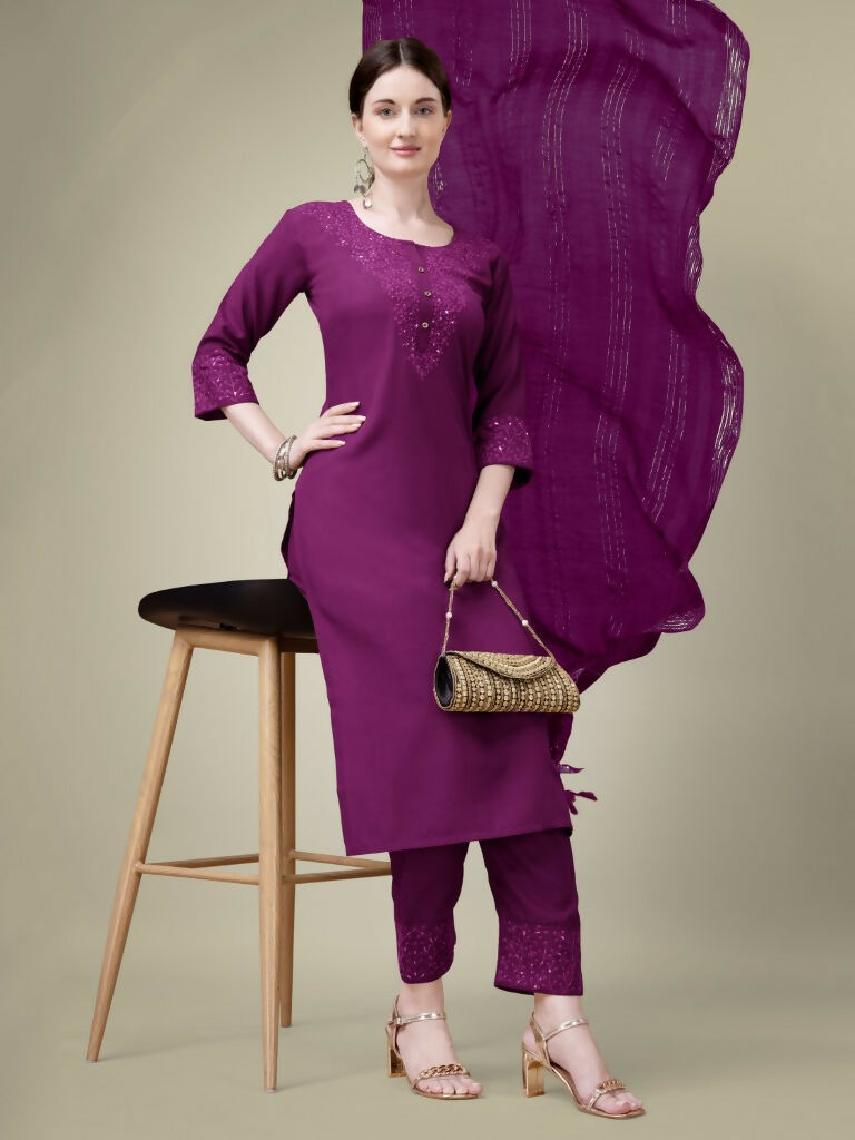 Jyoti Fashion Women's Purple Cotton Blend Embroidery & Sequence work Kurta with Trouser & Dupatta | Swadesiicart