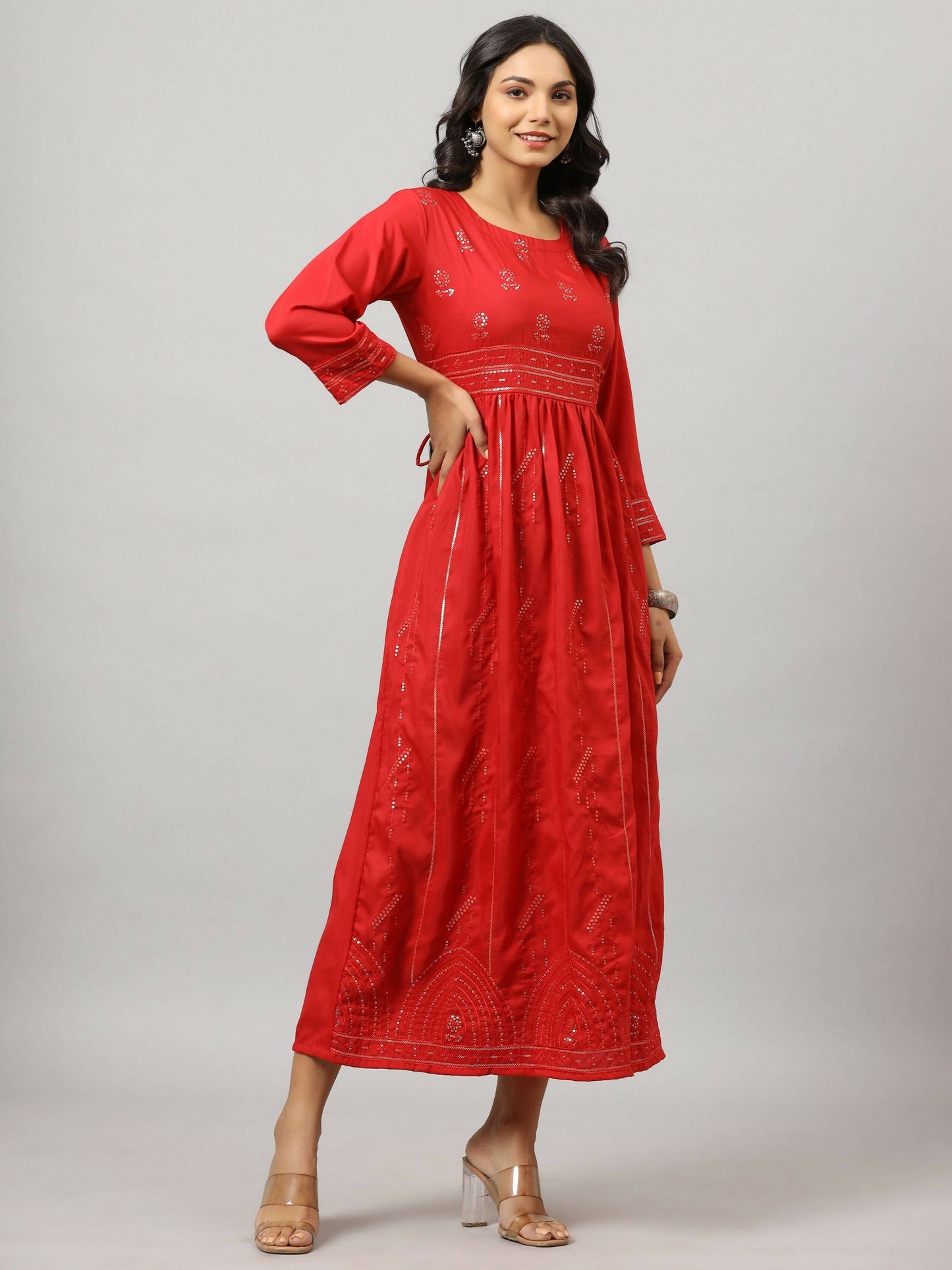 Juniper Women's Red Festive Printed Flared Dress | Swadesiicart